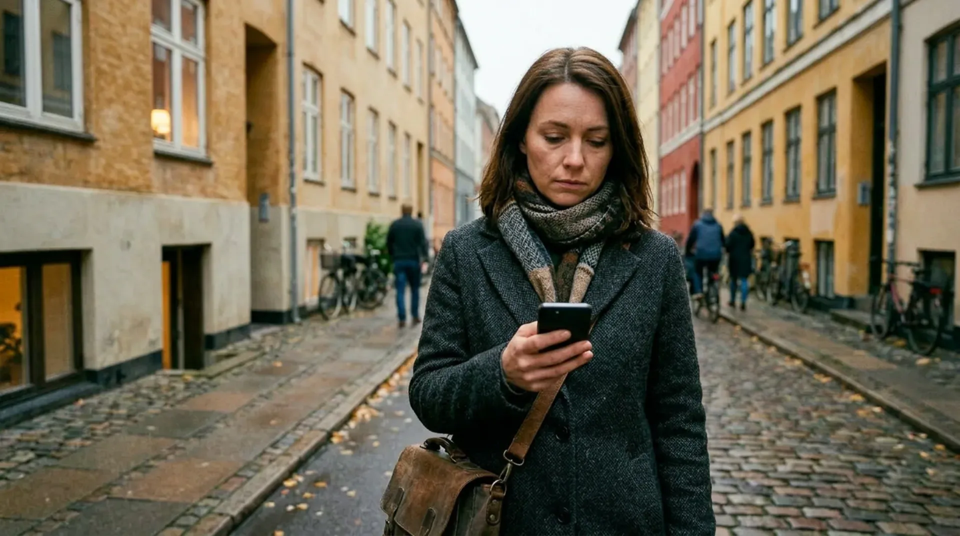 Kvinde kigger frustreret på telefonen efter missede pakkepost