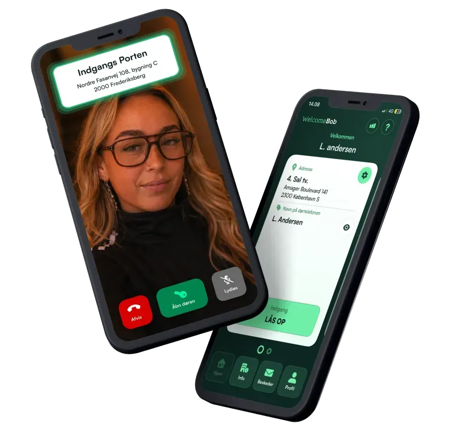WelcomeBob app: hjemmeskærm og indgående videoopkald fra dørtelefon