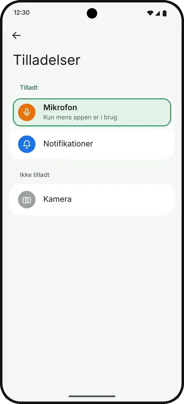Tilbage på WelcomeBob: tryk »Tilladelser« og tjek at »Mikrofon« er tilladt.