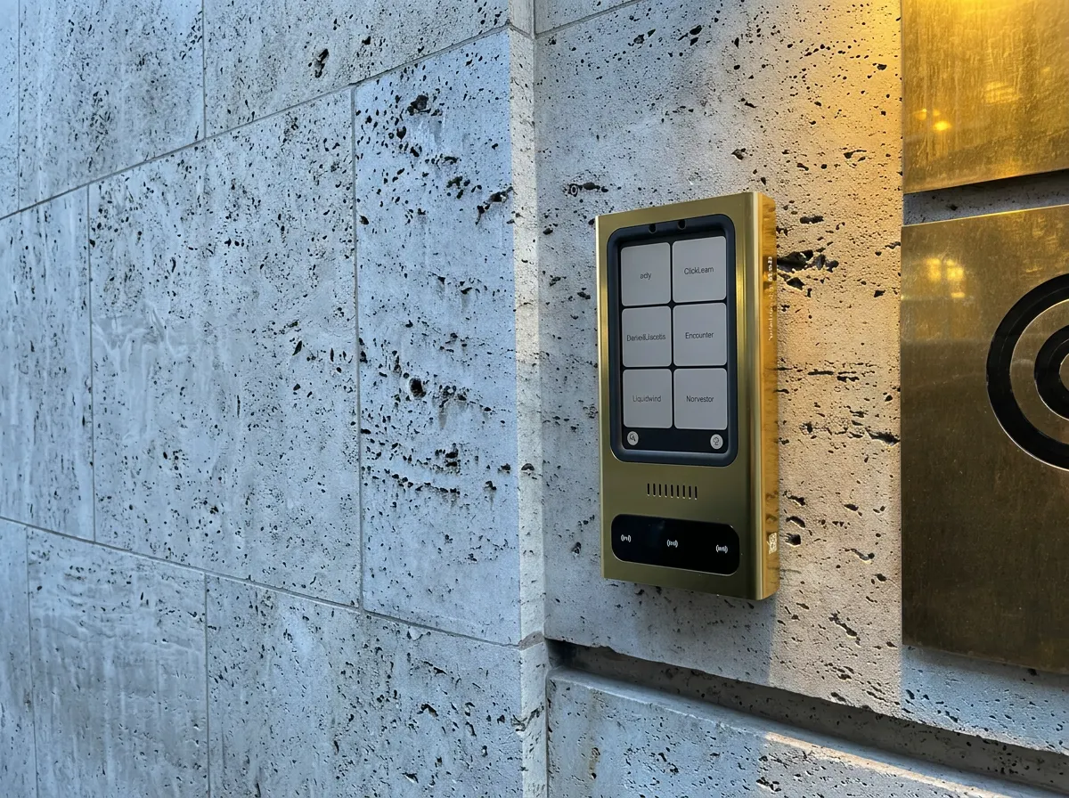Installeret dørtelefon med poleret messing finish hos ATP Ejendomme i Møntnergade