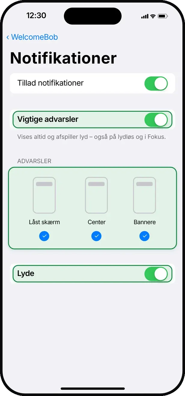 Slå også »Vigtige advarsler« og »Lyde« til, og sæt flueben ved »Låst skærm«.