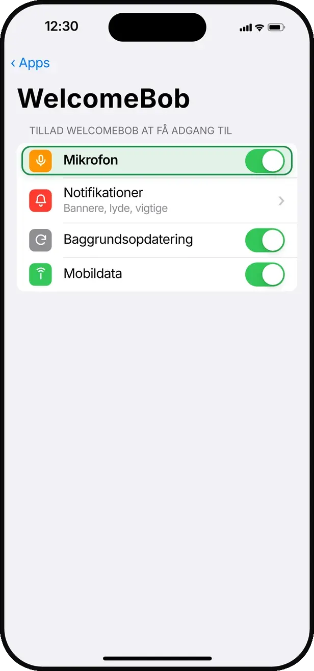 Gå tilbage til WelcomeBob og tjek, at »Mikrofon« er slået til.